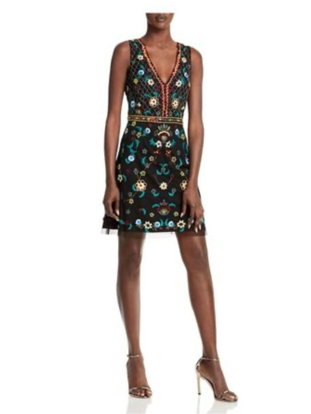 NWT Aidan Mattox Embroidered V-Neck Black Floral Cocktail Dress 6